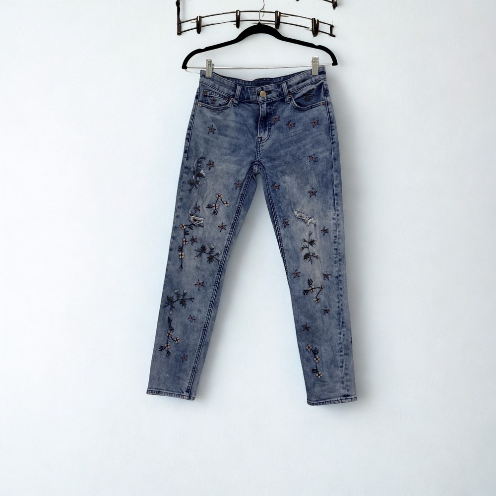 Lucky Brand Sienna Slim Boyfriend Embroidered Floral Blue Jeans 00/24 Distressed